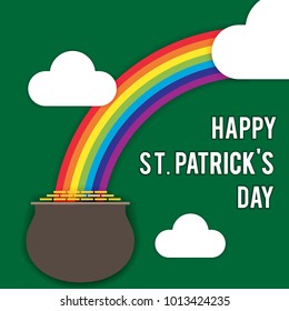 Vector illustration for St. Patrick's Day. Rainbow, cauldron, coins. symbols and signs of a holiday. The inscription is a congratulation.