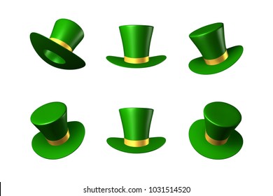 Vector illustration for St. Patrick's Day - green hat cylinder with gold ribbon. 3D object clip-art. Set of three-dimensional icons in different spatial positions. For the creative design