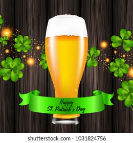 Vector illustration for St. Patrick's Day. Realistic glass of beer on a wooden background