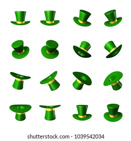 Vector illustration for St. Patrick's Day - green hat cylinder with gold ribbon. 3D object clip-art. Set of three-dimensional icons in different spatial positions. For the creative design 
