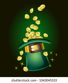 Vector illustration for St. Patrick's Day.  picture of hat, leaf of clover and gold coins. To create design of festive posters, cards, banners.