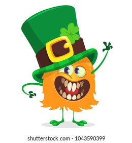 Vector Illustration of St. Patrick's Day Happy Leprechaun monster waving. For Greeting Card.