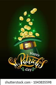 Vector illustration for St. Patrick's Day. Feast Lettering text Happy St. Patrick's Day with picture of hat, leaf of clover and gold coins. To create design of festive posters, cards, banners.