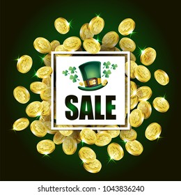 Vector illustration for St. Patrick's Day. Template for St. Patrick's Day Design with picture of hat, leaf of clover and gold coins with text SALE. To create design of festive posters, cards, banners.
