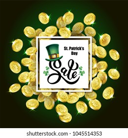 Vector illustration for St. Patrick's Day. Template for St. Patrick's Day Design with picture of hat, leaf of clover and gold coins with text SALE. To create design of festive posters, cards, banners.