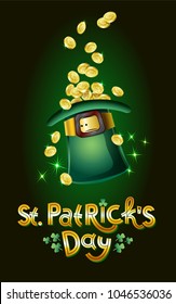 Vector illustration for St. Patrick's Day. Feast Lettering golden text Happy St. Patrick's Day with picture of hat, leaf of clover and gold coins. To create design of festive posters, cards, banners.