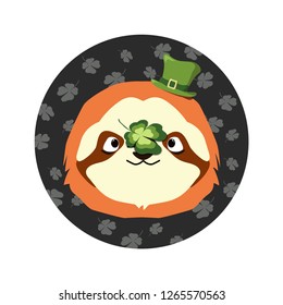 Vector illustration for St. Patrick's day. The sloth's head with the green hat at the top and the happy four-leaf clover on the nose. Dark background with light falling clover leaves