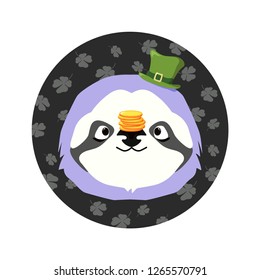 Vector illustration for St. Patrick's day. The sloth's head with the green hat at the top and and a stack of coins on the nose. Dark background with light falling clover leaves