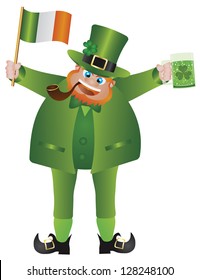 Vector Illustration of St Patrick's Day Irish Leprechaun Holding Ireland Flag and Glass of Green Beer