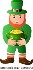 Vector illustration of St. Patrick's Day. Leprechaun in green clothes with pot of gold.