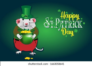 Vector illustration for St. Patrick's Day. Symbol of the year - a rat holds a pot of gold