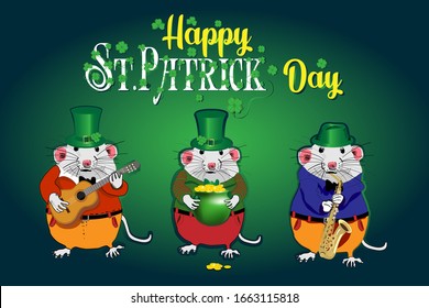 Vector illustration for St. Patrick's Day. Three rats in hats - symbols of the year, play musical instruments hold a pot of gold
