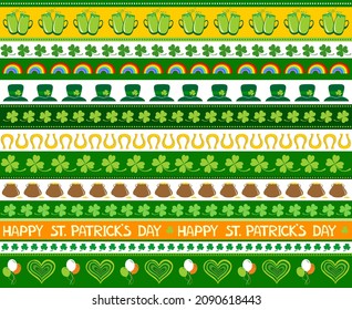 Vector Illustration of a St. Patrick's Day Background. Seamless pattern with clover leaves. Repeated holiday texture with cartoon characters. Green print for fabric and wallpaper. 17 march. 