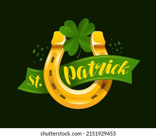 Vector illustration of St. Patrick's Day. Horseshoe with clover symbol or emblem