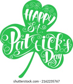 Vector illustration of St. Patricks Day clover emblem on a white background. Green hand-drawn icon for the Irish holiday, for celebration, invitation, banner, typography