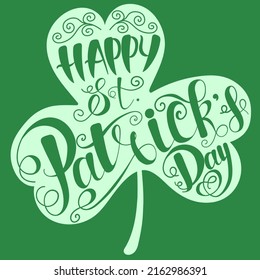Vector illustration of St. Patrick's Day clover emblem. Green hand-drawn icon for the Irish holiday, for celebration, invitation, banner, typography