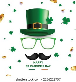Vector illustration of st patrick's day. Saint Patrick mask, Top hat and glasses 