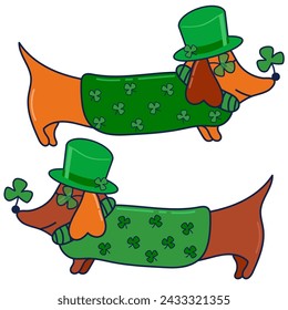 Vector illustration for St. Patrick's Day. pattern Simple fashion pattern with Dachshund wearing glasses, hat, clover. March 17