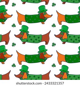 Vector illustration for St. Patrick's Day. pattern Simple fashion pattern with Dachshund wearing glasses, hat, clover. March 17