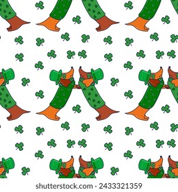 Vector illustration for St. Patrick's Day. pattern Simple fashion pattern with Dachshund wearing glasses, hat, clover. March 17