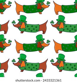 Vector illustration for St. Patrick's Day. pattern Simple fashion pattern with Dachshund wearing glasses, hat, clover. March 17