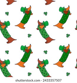 Vector illustration for St. Patrick's Day. pattern Simple fashion pattern with Dachshund wearing glasses, hat, clover. March 17