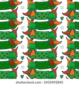 Vector illustration for St. Patrick's Day. pattern Simple fashion pattern with Dachshund wearing glasses, hat, clover. March 17