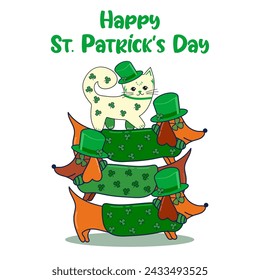 Vector illustration for St. Patrick's Day. pattern Simple fashion pattern with cat and dog, clover March 17
