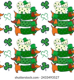 Vector illustration for St. Patrick's Day. pattern Simple fashion pattern with cat and dog, clover March 17
