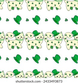 Vector illustration for St. Patrick's Day. pattern Simple fashion pattern with cat in hat, clover March 17