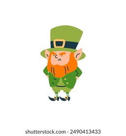 Vector illustration of a St. Patrick's Day gnome showing a displeased facial expression. Traditional Irish folklore icon in flat cartoon design on isolated background.