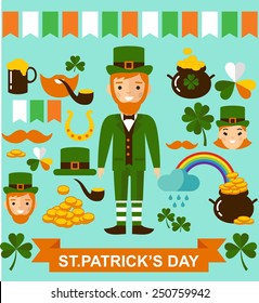 Vector illustration of a St. Patrick's Day design elements collection. Beautiful leprechaun girl and man with beer, St. Patrick's Day design elements collection. Set of leprechaun characters poses  