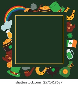 Vector illustration of St. Patrick's Day celebration elements such as rainbow, cauldron with gold coins, clover. Square frame with empty space for inscription, invitations, banners.