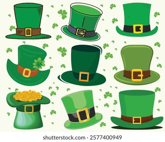 Vector illustration for St. Patrick's Day - green hat cylinder with gold ribbon. 3D object clip-art. Set of three-dimensional icons in different spatial positions. For the creative design