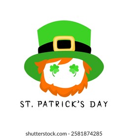 Vector illustration for St. Patrick's Day: a stylish leprechaun with a green hat, gold buckle, red beard, and shamrock eyes. Perfect for prints, decor, merch, and festive designs.