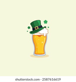 Vector illustration of a St. Patrick's Day celebration with beer and a leprechaun hat. Festive flat icon design for the Irish holiday.