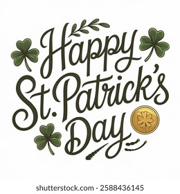 Vector illustration St. Patrick's day hand drawn lettering with leaf's of clover. Design for poster, cards, banner  on a white background