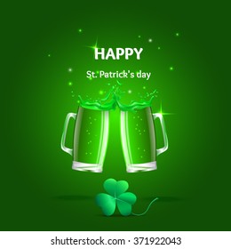  Vector illustration St. Patrick's Day greeting with glass of beer,  clover leaf , splatter.