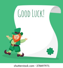 Vector illustration of a St. Patrick's Day leprechaun standing near the empty parchment. 
