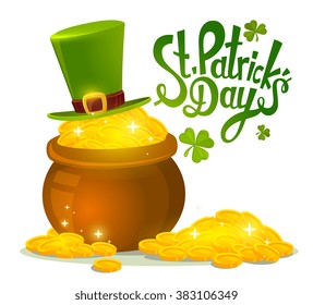 Vector illustration of St. Patrick's Day greeting with big pot of gold and green hat on white background. Art design for web,site,advertising,banner,poster,flyer,brochure,board,card,paper print.