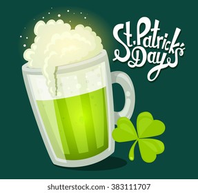 Vector illustration of St. Patrick's Day greeting with big mug of beer with clover on dark green background. Art design for web,site,advertising,banner,poster,flyer,brochure,board,card,paper print