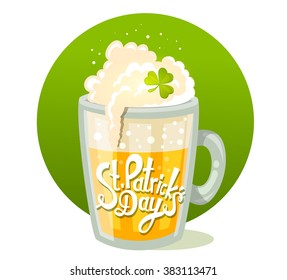 Vector illustration of St. Patrick's Day greeting with big mug of yellow beer in circle on green background. Art design for web,site,advertising,banner,poster,flyer,brochure,board,card,paper print