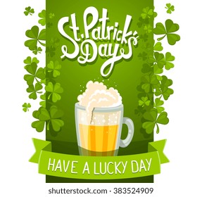 Vector illustration of St. Patrick's Day greeting with big mug of yellow beer with clovers and text on green background. Art design for web, site, advertising, banner, poster, flyer, brochure, board
