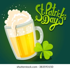 Vector illustration of St. Patrick's Day greeting with big mug of yellow beer with clover on dark green background. Art design for web,site,advertising,banner,poster,flyer,brochure,board,card,print