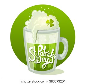 Vector illustration of St. Patrick's Day greeting with big mug of beer in circle on green background. Art design for web, site, advertising, banner, poster, flyer, brochure, board, card, paper print.