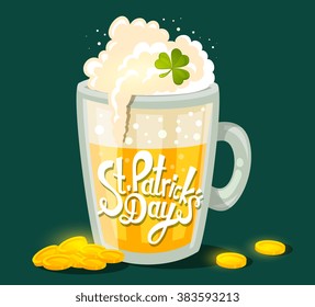 Vector illustration of St. Patrick's Day greeting with big mug of yellow beer with clover and coins on dark green background. Art design for web,site,advert,banner,poster,flyer,brochure,board,card