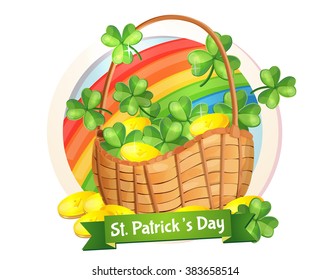 Vector Illustration of a St. Patrick's Day. Irish holiday. Poster, postcard, design, design of signs, menus.  Without background. Basket with coins, treasure.