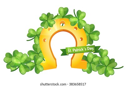 Vector Illustration of a St. Patrick's Day. Irish holiday. Poster, postcard, design, design of signs, menus. Horseshoe. Without background. 