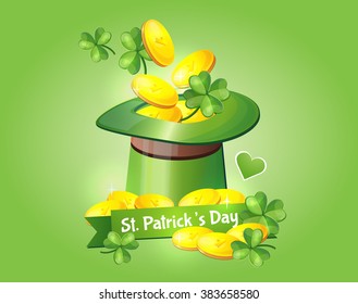 Vector Illustration of a St. Patrick's Day. Irish holiday. Poster, postcard, design, design of signs, menus.  Without background. A hat with coins, treasure.