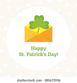 Vector illustration with St. Patrick's Day theme. Orange envelope woth clover.